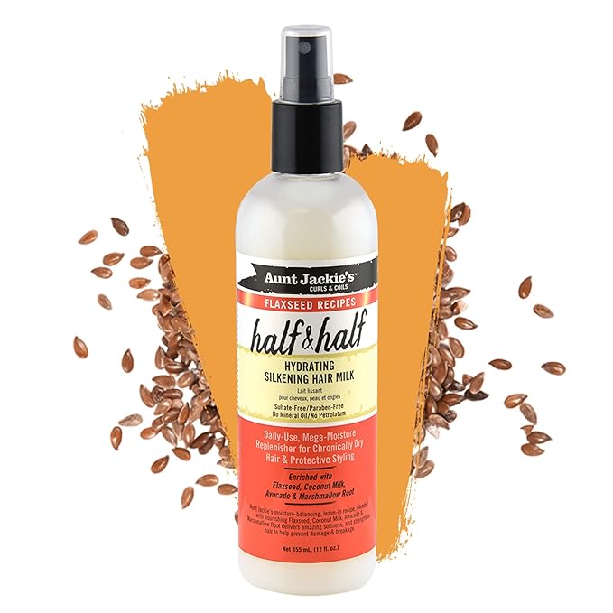 Aunt Jackie's Flaxseed Recipes Half & Half, Hydrating Silkening Hair Milk, For Daily Use, Enriched with Flaxseed, Coconet, Jojoba Oil, Shea Butter, Grapeseed and Ginseng, 12 Ounce Spray Bottle