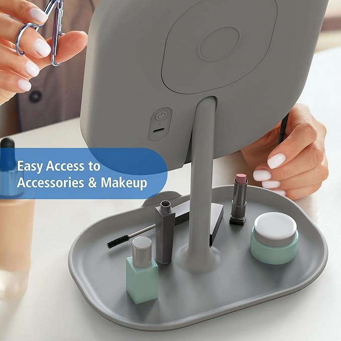 Rechargeable LED Makeup Mirror with Lights, 5X Magnifying & Storage Tray | Touch Control Vanity Mirror for Desk, Compact Makeup Mirror with Adjustable Brightness