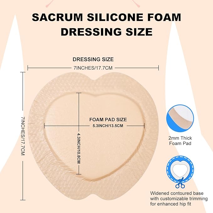 Sacral Foam Dressing, Sacrum Silicone Foam Dressing with Border, 7x7 Large Bandage for Bed Sores On Buttocks, Super Absorbent Pressure Sore Prevention Pads, Waterproof & Breathable Wound Dressing (10)