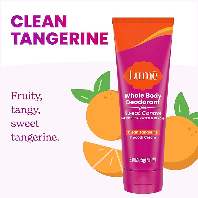 Lume Whole Body Deodorant Plus Sweat Control - Smooth Cream Tube - 72 Hour Odor And Sweat Control - Baking Soda Free, Skin Loving - 3.0 ounce (Pack of 2) (Clean Tangerine)