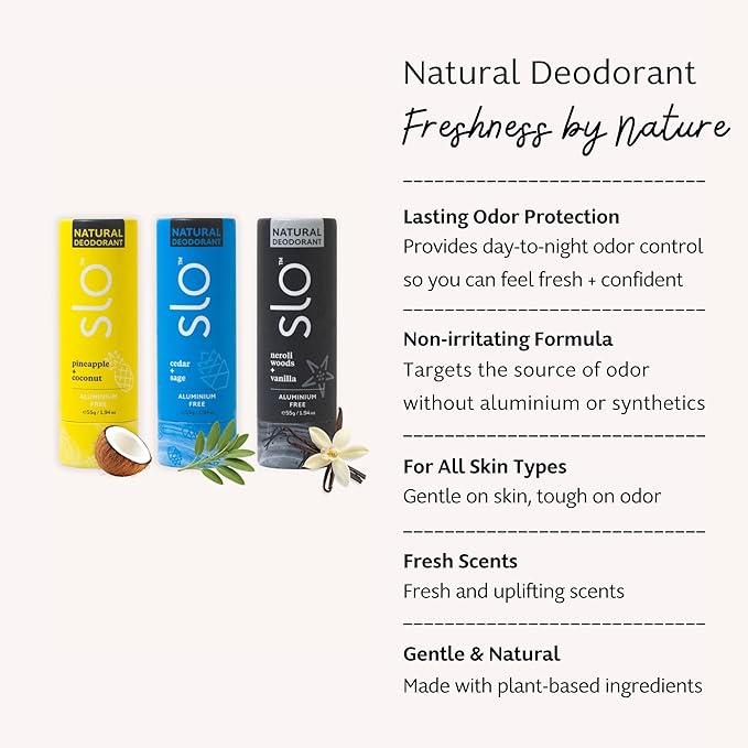 Slo | Sensitive Skin Natural Deodorant - All Natural Ingredients, Vegan & Cruelty Free, Paper Packaging | Cedar + Sage & Neroli + Vanilla & Pineapple + Coconut - 3 Pack (3 x 1.94 Oz)
