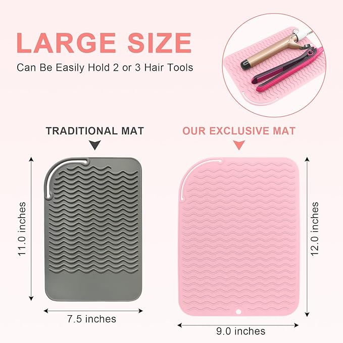 Plus Size Silicone Heat Resistant Mat, Portable Travel Hot Tools Pad Cover for Curling Iron, Flat Iron, Hair Straightener and Other Hair Styling Tools(12.0" x 9.0")
