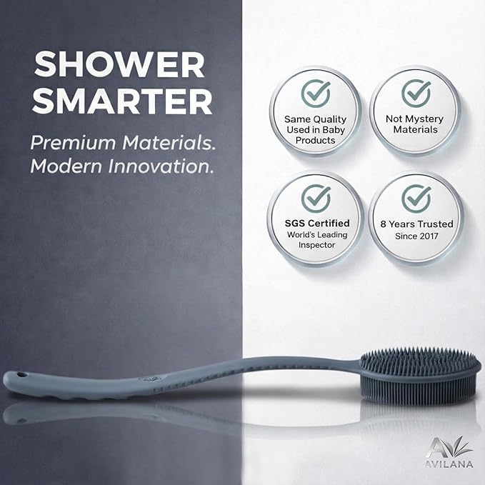Avilana Premium Back Scrubber Long Handle 19 Inch - 8 Years Trusted Since 2017 - SGS Certified Silicone Bath Brush, Dual Sided Exfoliating Body Brush Extended Reach Back Washer Women Men Seniors Gift