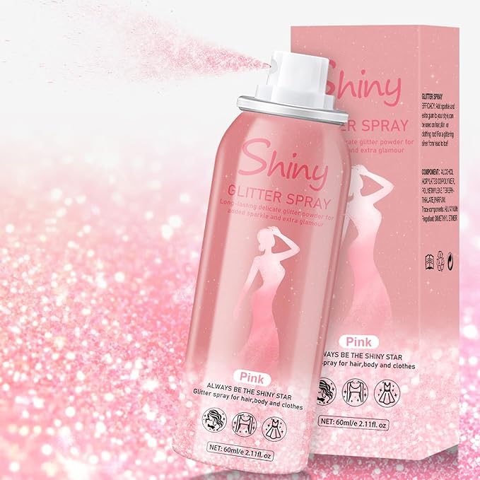 Hair and Body Glitter Spray, 60ml Pink Glitter Hairspray Dry Powder Makeup for Clothes, Festival Rave Prom Loose Sparkle Powder,Holographic Ultra Fine Glitters for Crafts (Pink)