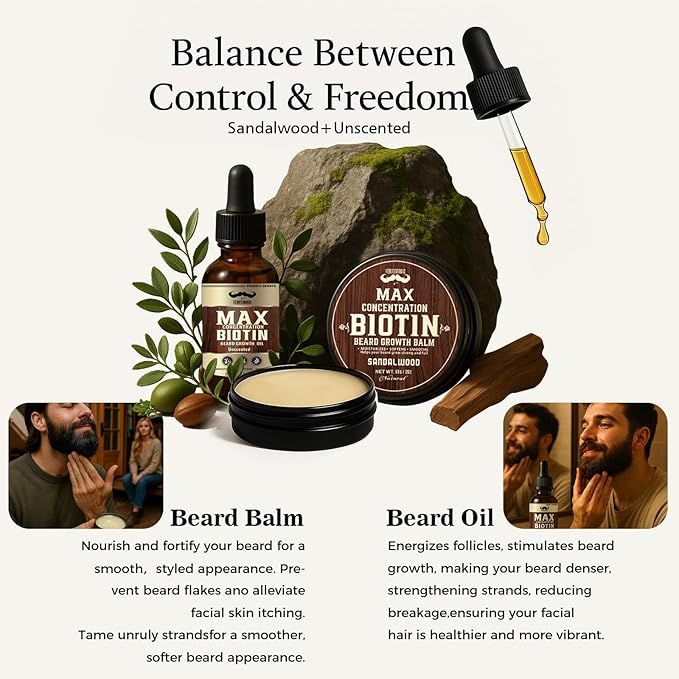 4X Concentration Biotin Beard Kit for Men – Unscented Oil & Sandalwood Balm Set (2 Pack) – Moisturizes, Softens & Promotes Growth – Premium Beard Grooming Gift for Father’s Day or Him