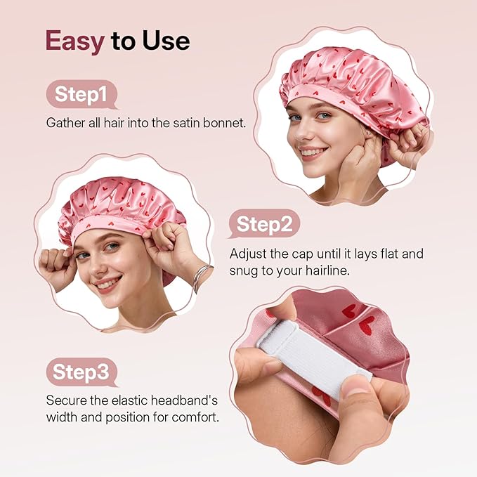 LitBear Silk Satin Bonnet for Sleeping Women, Adjustable Double Layer Hair Bonnet with Scrunchies for Curly Natural Hair, Non Slip Softer Night Sleep Cap