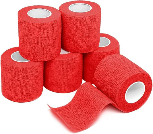 FriCARE Self Adhesive Bandage Wrap, Medical Tape in First Aid Kit, Cohesive Bandages for Wounds Sport Vet, 2 Inches X 5 Yards 6 Rolls, Red