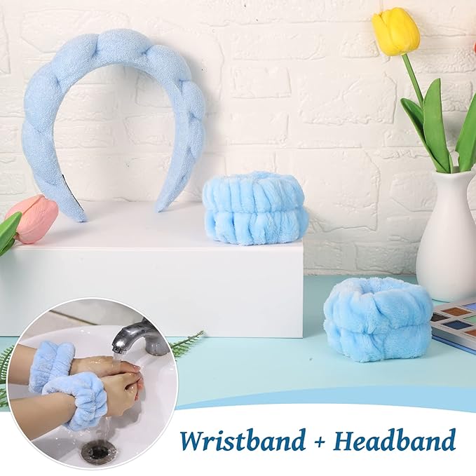 WSICSE Sponge Spa Headband for Washing Face, Blue Skincare Headband and Wrist Washband Set Makeup Hairband for Girls Womens