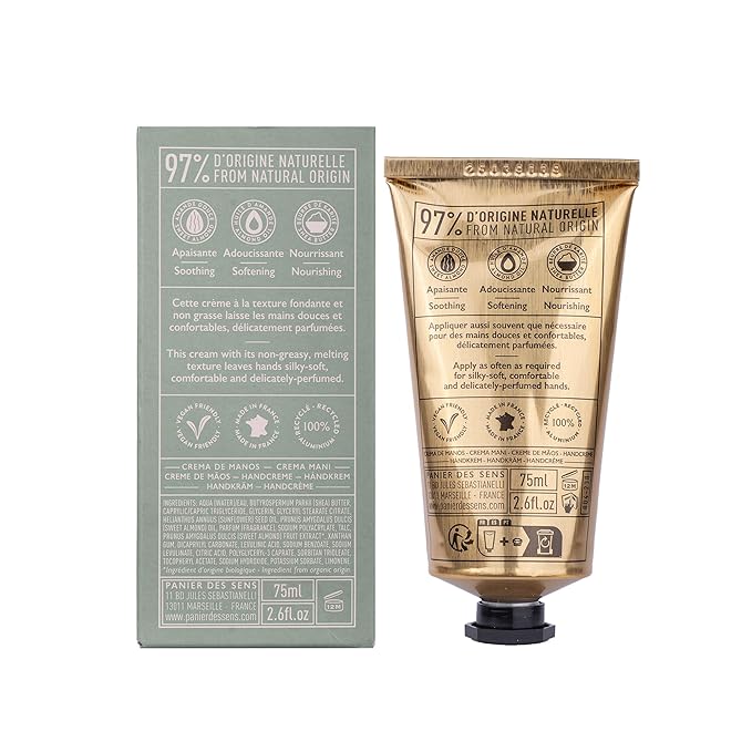 Panier des Sens Almond Hand Cream - Nourishing Shea Butter Hand Cream for Dry Cracked Hands 97% Natural Ingredients - Dermatologically Tested Hand Lotion for Woman Made in France, 2.5 fl oz