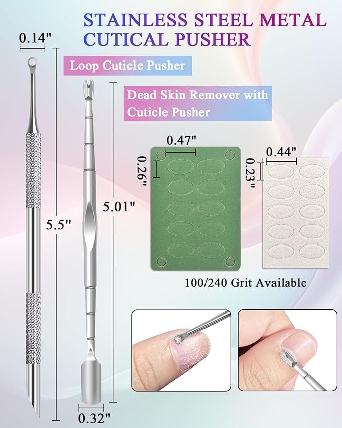 Cuticle Pusher, Pre-treatment Cuticle Pusher, Stainless Steel Loop Cuticle Pusher Dead skin fork, Cuticle Nail Tool with 100#/240# Grit Nail Files and 1 Pcs Storage Bags, For Salon & Home Use (2 Pack)