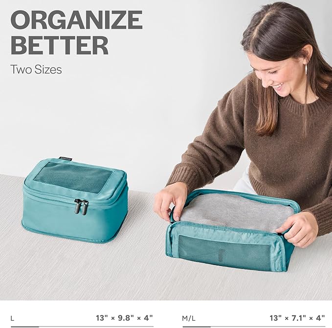 Aerotrunk Compression Packing Cubes for Travel - Luggage Organizer Bags - Double Zipper Packing Cubes for Suitcases (2-Pack, Teal)