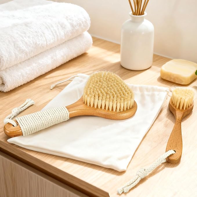 Bamboo Dry Brushing Set with Body and Face Brush, Dry Scrub Brush with Exfoliating Natural Boar Bristle for Lymphatic Drainage, Cellulite Reduction, Blood Circulation and Glowing Skin, 2 Pack