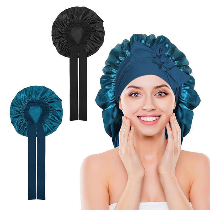 Arqumi 2 Pcs Satin Silk Bonnet for Sleeping Women, Large Long Strap Tie Band Adjustable Sleep Night Cap Hair Bonnet Wrap for Men, Black+Hole Blue