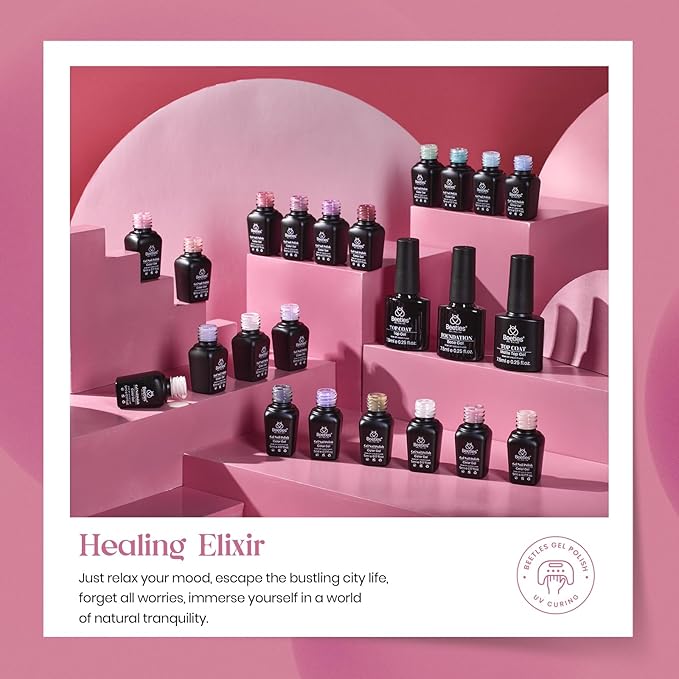 beetles Gel Polish Set – Healing Elixir 20 Colors Gel Nail Polish Kit, Pink Blue White Green Pearl with Base Coat Matte Glossy Top Coat for DIY Manicure Gift for Women
