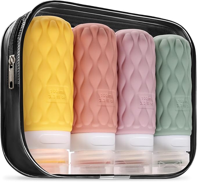 100 ml Silicone Travel Bottles for Toiletries with Labels/Clear Bag, Holiday Travel Essentials Leakproof Refillable Squeeze Travel Size Containers Set for Shampoo and Conditioner