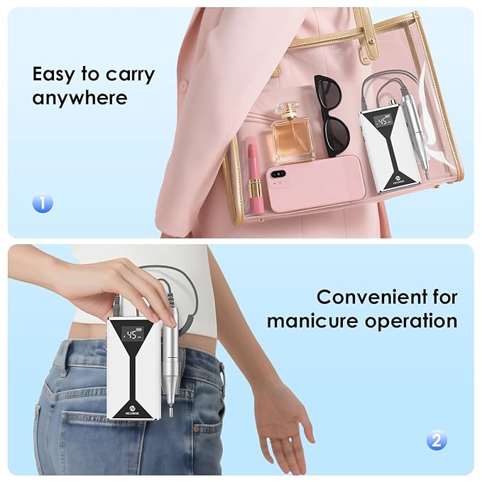 Professional Electric Nail Drill 45000RPM (Portable & Rechargeable) (with 11 Drill Bits ) Cordless Nail File Machine for Shaping, Polishing & Removing Gel Nails for Salon Home (White)