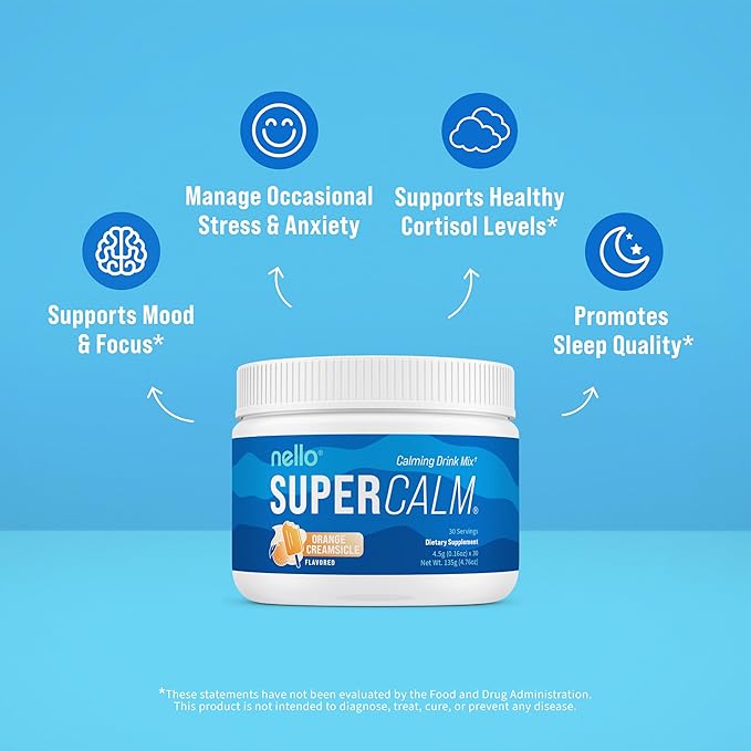 Nello Supercalm Powdered Drink Mix Tub, Cortisol Reducer* and Sleep Aid Supplement, L Theanine, Ksm-66 Ashwagandha, Magnesium Glycinate, Vitamin D 3, No Sugar, Non GMO, 30 Ct, Orange Creamsicle