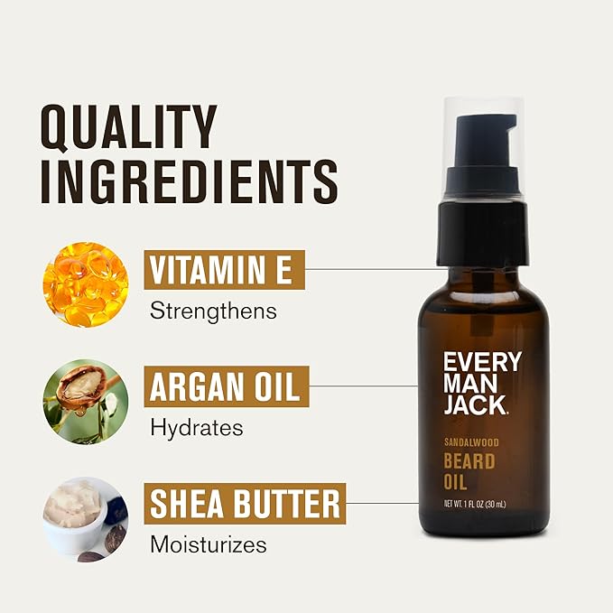 Every Man Jack Men's Beard Oil - Sandalwood Fragrance - Deeply Moisturizes and Softens Your Beard and Adds a Natural Shine - Naturally Derived with Shea Butter and Argan Oil - 1 fl oz