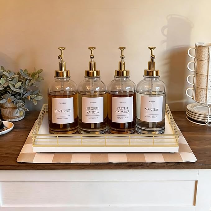 Large Bathroom Vanity Tray – 13" x 8" Oak Decorative Wooden Tray for Bathroom Countertop & Vanity Organizer, Wood Tray for Perfume, Skincare & Accessories Storage, Vanity Dresser Decor Gold & White