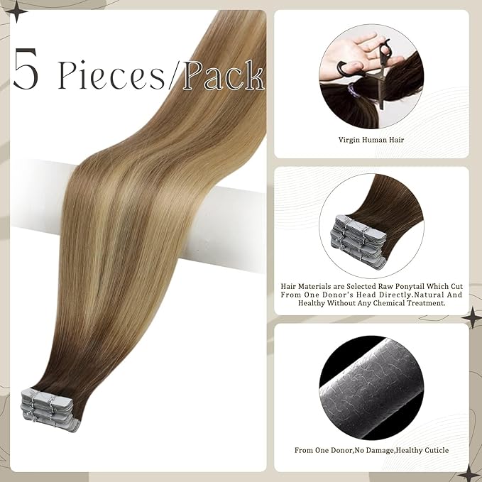 Full Shine Virgin Tape in Hair Extensions Injection Tape ins Extensions Color 3/8/22 Balayage Tape ins Human Hair 20Inch Seamless Invisible Hair Extensions 12.5Gram Straight Real Human Hair 5Pcs