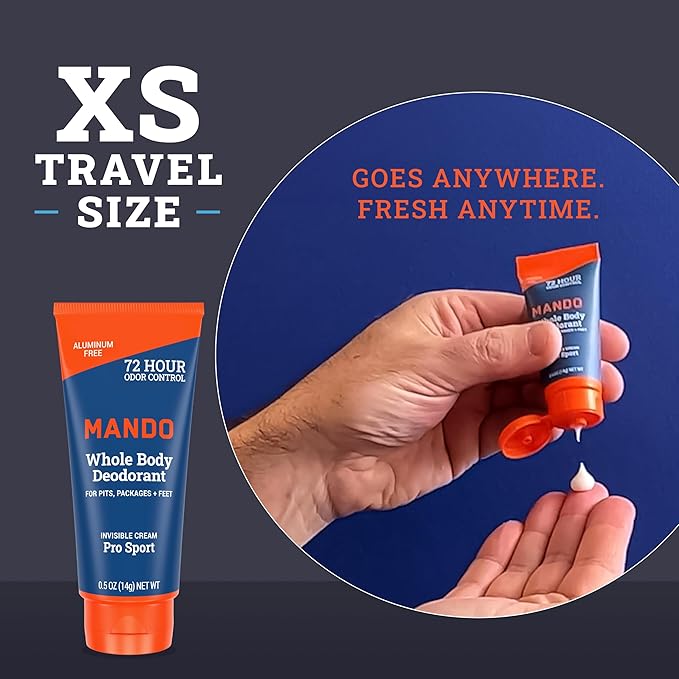 Mando Whole Body Deodorant - Mini Travel Size Invisible Cream Tube - 72 Hour Odor Control - Aluminum and Baking Soda Free, Skin Safe - .5 oz (Pack of 2) (Pro Sport)