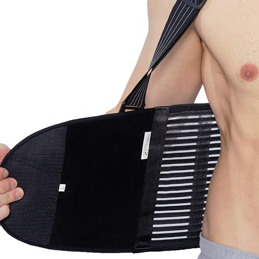 NeoTech Care Back Brace with Suspenders for Work - Industrial Lifting Safety, Elastic Compression, Hook & Loop Closure (Charcoal, Size L)