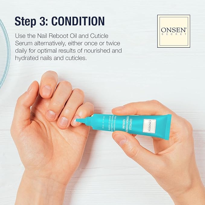 Onsen Secret Complete Nail Reboot Kit w/Cuticle Oil 10ml, Nail File 120/180 Grit Double Sided, A 3-Way Buffer Block & Cuticle Serum-15ml in Action | Super Value Pack