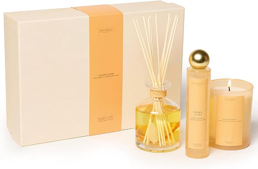 Benevolence LA Golden Luster Gift Box | Candle, Room Spray & Reed Diffuser | Orange, Cedarwood & Clove | Luxurious Home Fragrance | Ready for Gifting |Gift Set for Women