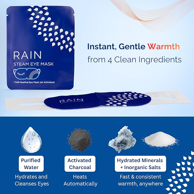 Rain Self Heating Steam Eye Mask for Dry Eyes - Warming Eye Compress with Moist Heat Therapy - Disposable Hot Compress Relief for Stye Treatment, Eye Fatigue & Dry Eye Relief (20 Pack)