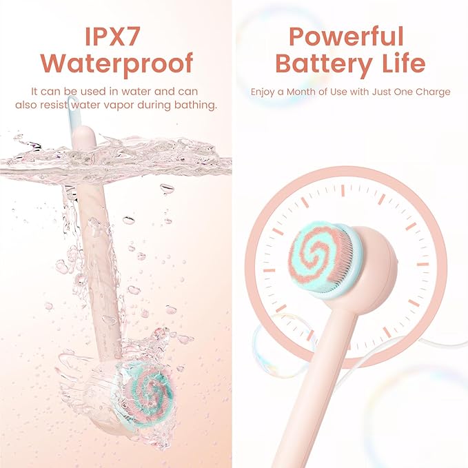 Electric Back Scrubber for Shower Body Brush, Waterproof Shower Body Scrubber for Cleansing, Massaging, Rechargeable Spinning Bath Brush for Kids & Adults with 2 Heads & 3 Speed Modes, Pink