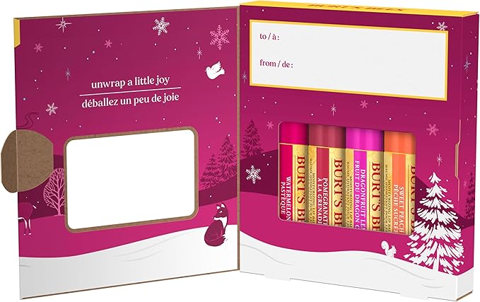 Burt's Bees Christmas Gifts, 4 Lip Balms Stocking Stuffers Products, Beeswax Bounty Fruit Mix - Watermelon, Pomegranate, Dragonfruit Lemon & Sweet Peach (Pack of 4)