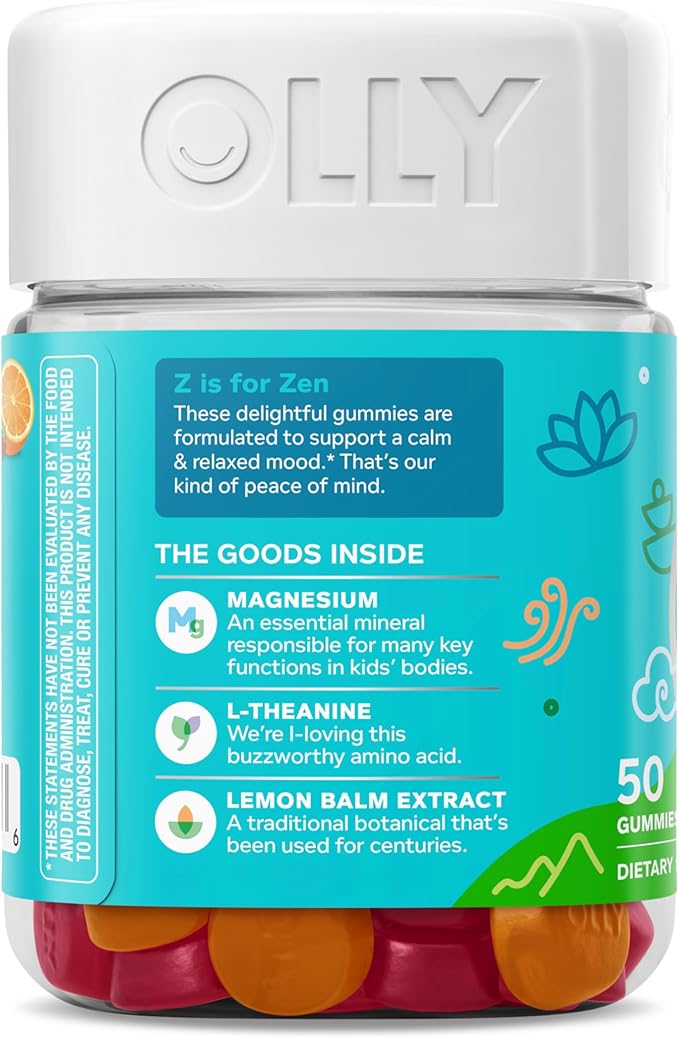 OLLY Kids Chillax Gummy, For a Calm and Relaxed Mood*, Magnesium, L-Theanine, Lemon Balm Extract, Chewable Supplement, Sherbet Flavored, 25 Day Supply - 50 Count (Packaging May Vary)