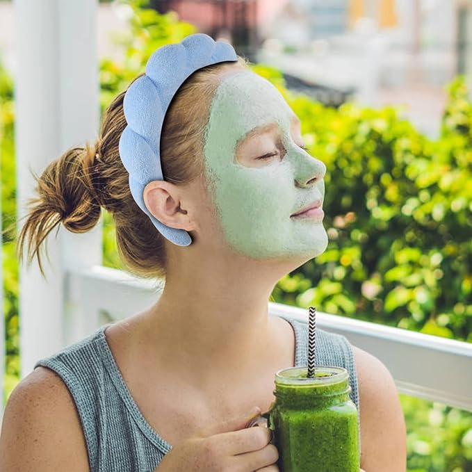 WSICSE Sponge Spa Headband for Washing Face, Blue Skincare Headband and Wrist Washband Set Makeup Hairband for Girls Womens