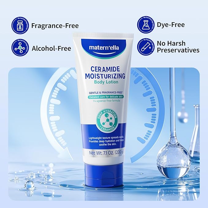 matern'ella Ceramide Body Lotion for Dry & Sensitive Skin - Daily Moisturizer with Niacinamide & 4 Ceramides (NG, AP, NP, EOP) 48H Hydration, Fragrance, Paraben, Non-Greasy 7.1 Oz
