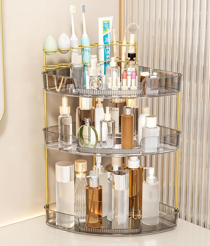 FELIZHOUSE 3-Tier Makeup Organizer for Vanity & Bathroom Countertop – Acrylic Storage Shelf with Perfume Tray & Makeup Brush Holder, Tool-Free Installation, Design for Bathroom & Dresser - Grey