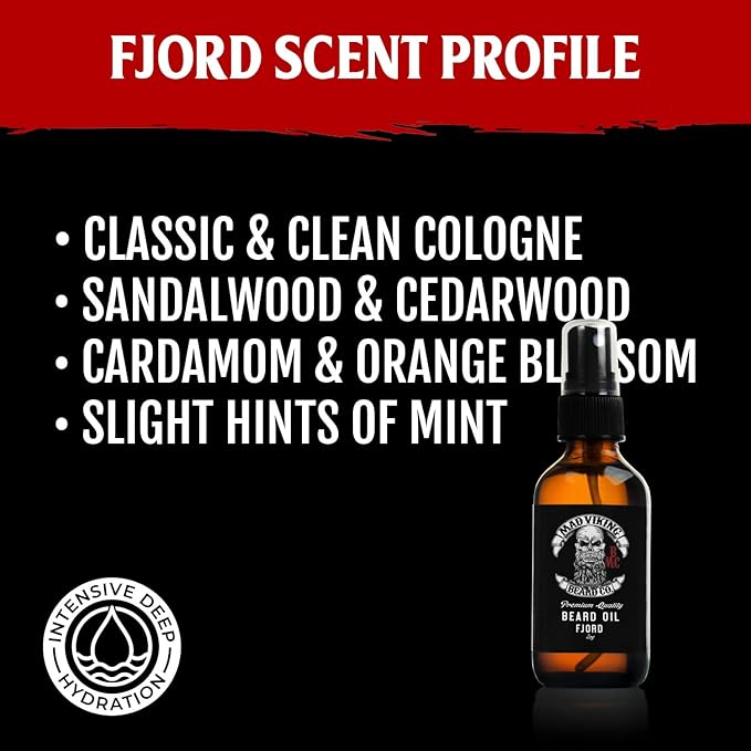 Mad Viking Fjord Beard Oil - Hydrate, Soften And Grow Your Beard Naturally. Fight Itch And Dandruff With A Crisp Yet Woodsy Mint, Orange, Cedarwood & Sandalwood Scent. Made In The USA - 2oz