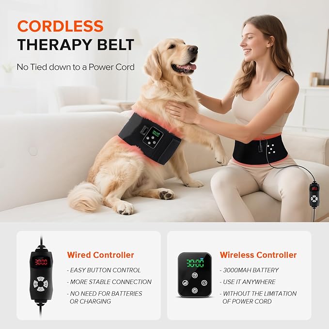 2-in-1 Cordless Red Light Therapy Belt, Wired & Wireless Controller 3000mAh Rechargeable Battery Magnetic LED Screen, 49" * 7" Wearable 660nm & 850nm Red Light Therapy Wrap Belt for Body