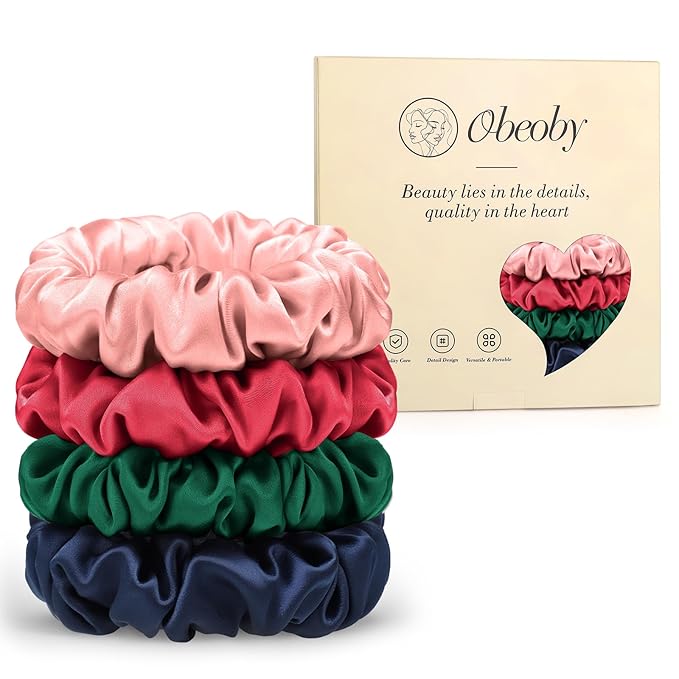 4Pcs Green Mulberry Silk Hair Scrunchies, Red Gifts for Women Girls Silk Hair Ties for Hair Sleep for Frizz Breakage