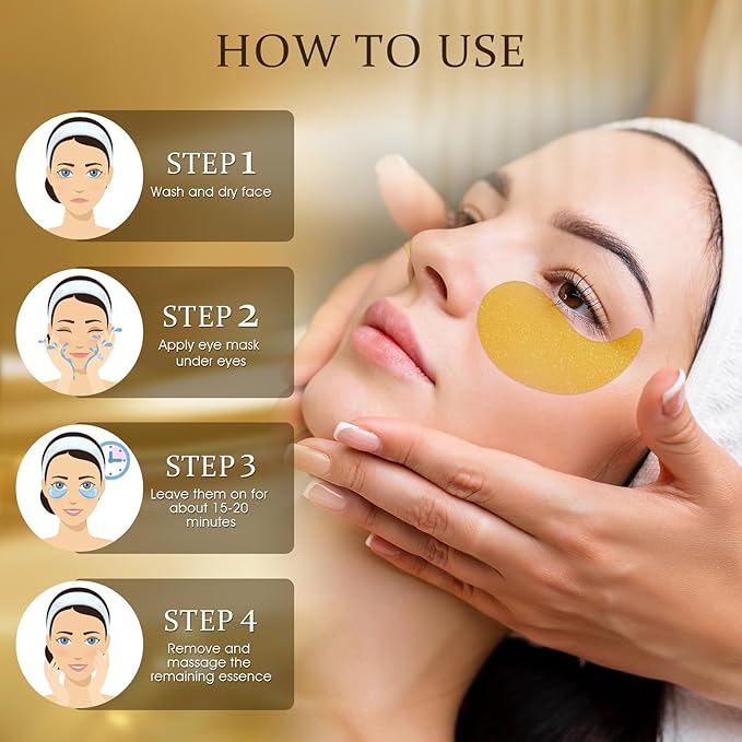 Under Eye Patches Masks - 24K Gold Eye Patch for Dark Circles & Puffy Eyesg,Fine Lines,Eye Bags, Wrinkle,Contains Caffeine and Collagen, Hydration for Women and Men, (60 Pcs) Gold