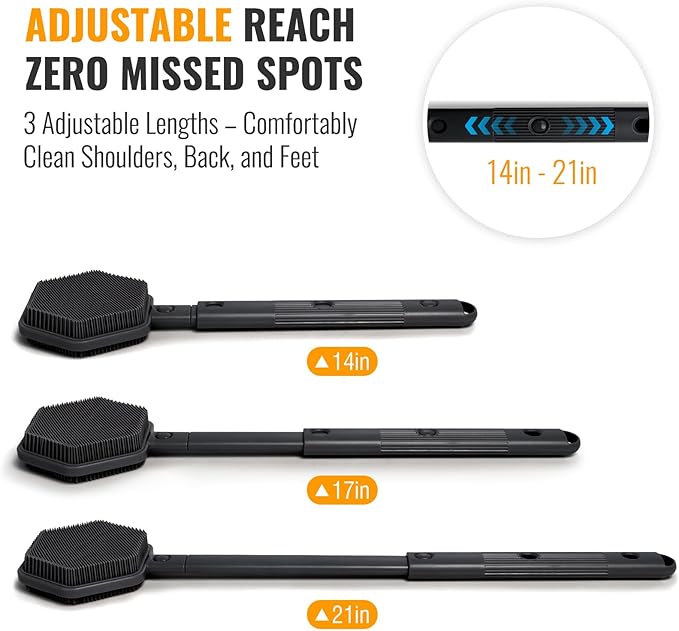 Silicone Back Scrubber for Shower – 21in Extendable Shower Brush with Long Handle – Dual-Sided Back Brush with Non-Slip Grip, Gentle Cleansing & Exfoliation for Men, Women, Elderly (Black)