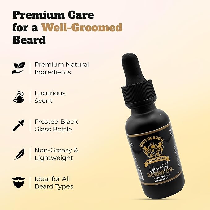 Grey Beard's Grooming Lounge - Unscented Beard Oil for Men 1 fl oz - Natural Leave In Conditioner with Jojoba, Argan and Grapeseed Oils