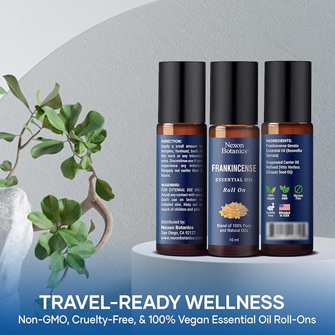 Frankincense Essential Oil Roll-On Blend 10 ml - Pure, Natural Oil with Grapeseed for Aromatherapy & Skin Care - Nexon Botanics