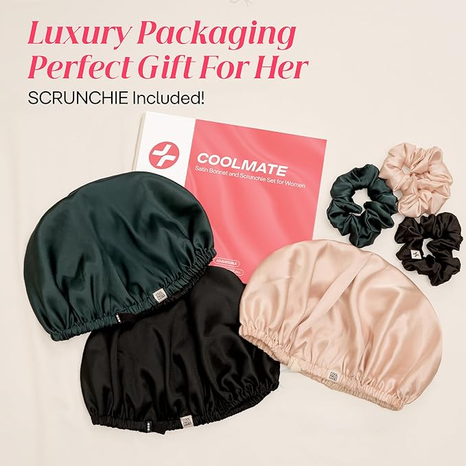 CoolMate Adjustable Satin Silk Bonnet for Sleeping Women, Tie Double Lined Silk Bonnet for Women Long Hair