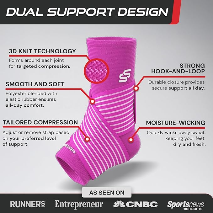 Sleeve Stars Ankle Brace for Women & Men, Ankle Wrap for Sprained Ankle, Compression Sleeve for Plantar Fasciitis Relief, Easy Customizable Support: w/Removable Strap (Pair/M:10"-12"/Hot Pink)