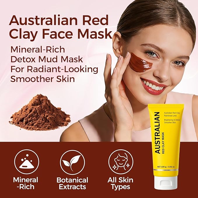 Australian Red Clay Face Mask, Mineral-Rich Detox Mud Mask with Kakadu Plum & Desert and Rainforest Lime Extracts, Gentle Exfoliation, For All Skin Types, 3.52 oz / 100 mL (1 pack)