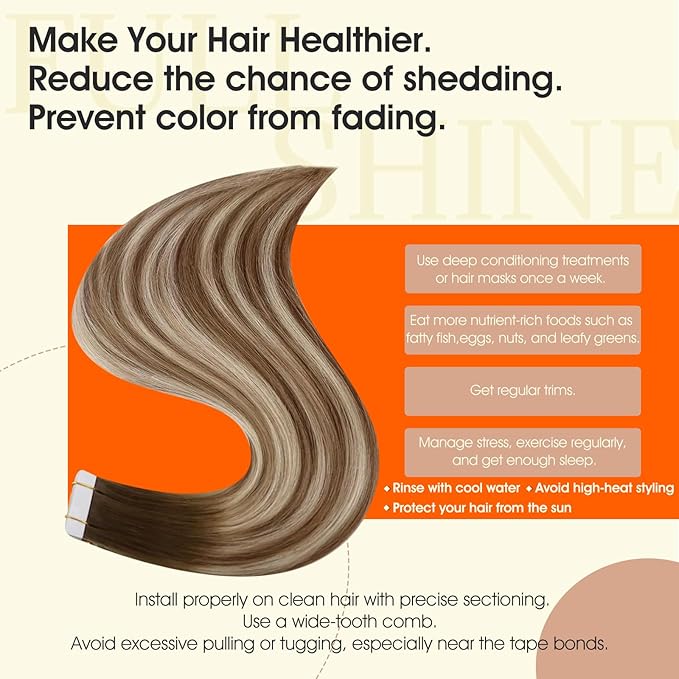 Full Shine Ombre Balayage Tape in Hair Extensions Human Hair Color 3/8/22 Tape in Human Hair 22Inch Adhesive Double Sided Skin Weft Seamless Invisible Extension 100G 40Pcs for Daily Office Look