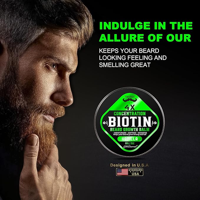 Biotin Beard Growth Balm for Men – Conditioning & Thickening Balm with Castor, Shea & Jojoba Oils – Non-Greasy, Softens & Nourishes for Fuller, Thicker Facial Hair – Vanilla Scent – 2 oz