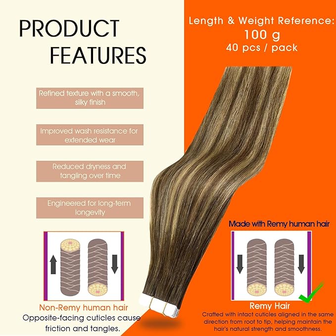 Full Shine Hair Extensions Human Hair Color 4 Medium Brown Ombre 24 Blonde And 4 Brown 20Inch Tape in Hair Extensions 100G Straight Remy Skin Weft 40Pcs Brazilian Extension