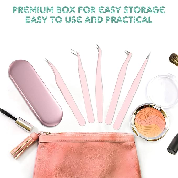 Chumia 5 Pcs Lash Tweezers for Eyelash Extensions High Precision Volume Pink Eyelash Tweezers Stainless Steel Curved Pointed Lash Tool with Box for Women Makeup Beauty Accessories Beginners