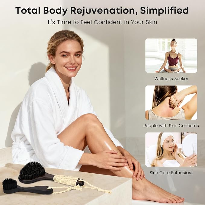 Bamboo Dry Brushing Set with Body and Face Brush, Dry Scrub Brush with Exfoliating Natural Boar Bristle for Lymphatic Drainage, Cellulite Reduction, Blood Circulation and Glowing Skin, 2 Pack